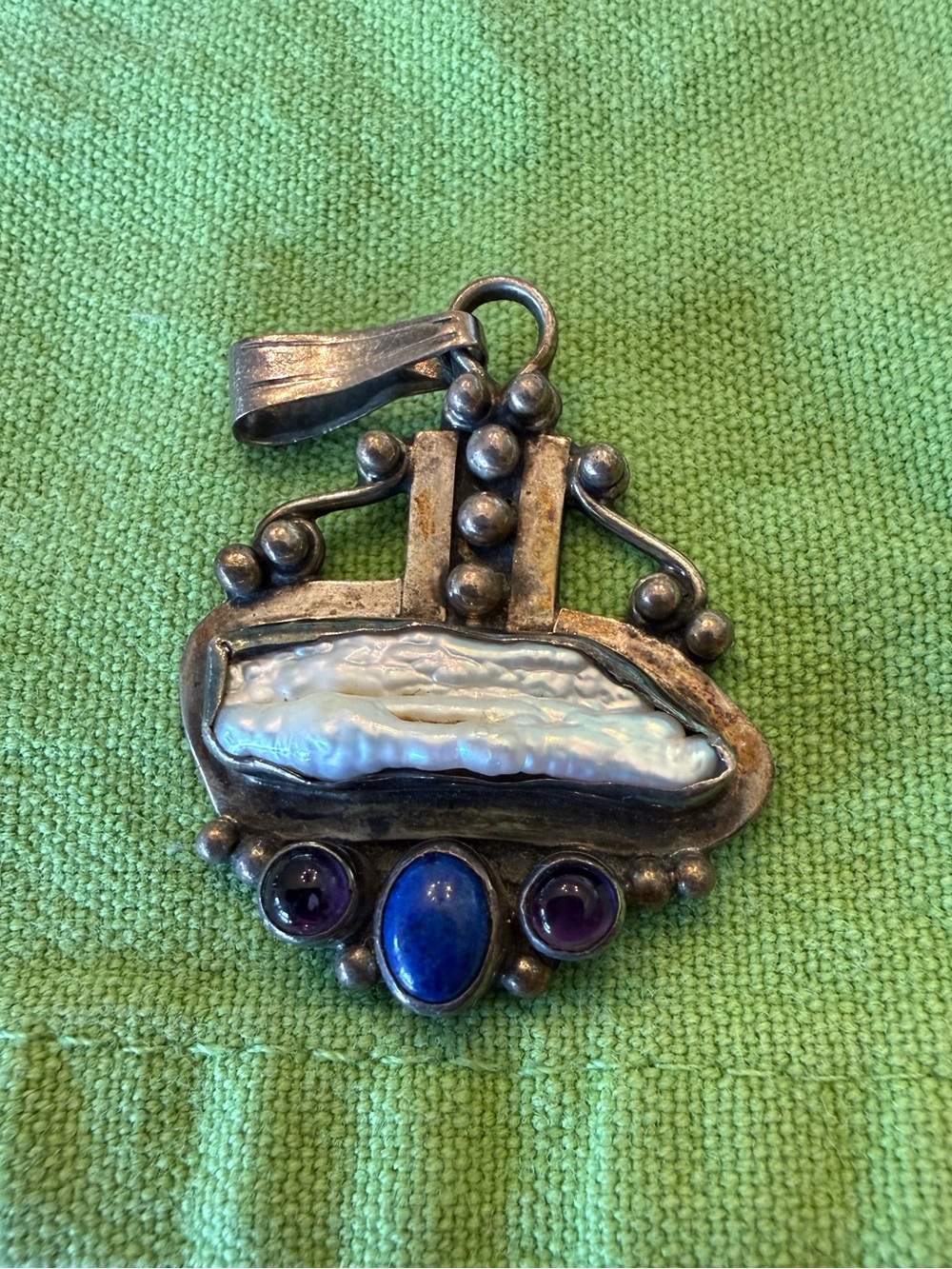 Sterling Silver Baroque Pearl & Lapis Amethyst Pendant